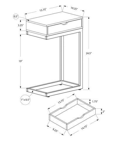 10.25’ X 15.75’ X 24.5’ Grey Finish Drawer And Black Metal Accent Table - Tray Tables