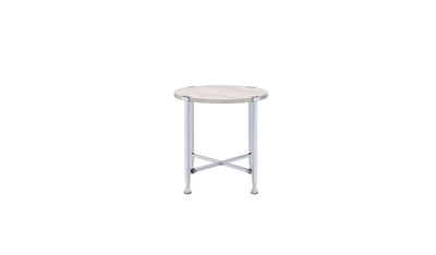 24’’ Chrome And White Oak Manufactured Wood And Metal Round End Table - End-Side Tables