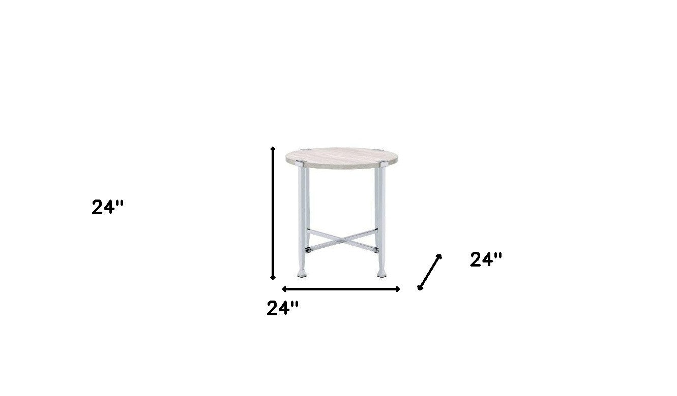 24’’ Chrome And White Oak Manufactured Wood And Metal Round End Table - End-Side Tables