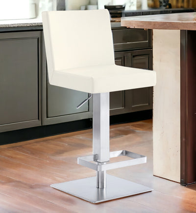 24’ White And Silver Faux Leather And Iron Swivel Adjustable Height Bar Chair - Bar Chairs