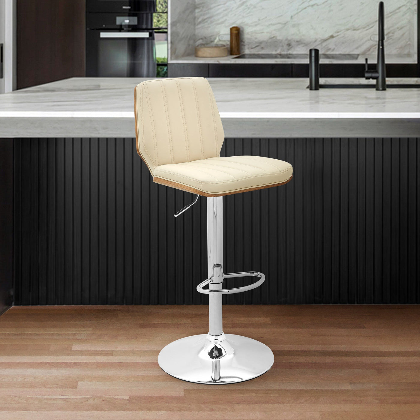 25’ Cream And Silver Faux Leather And Steel Swivel Adjustable Height Bar Chair - Bar Chairs