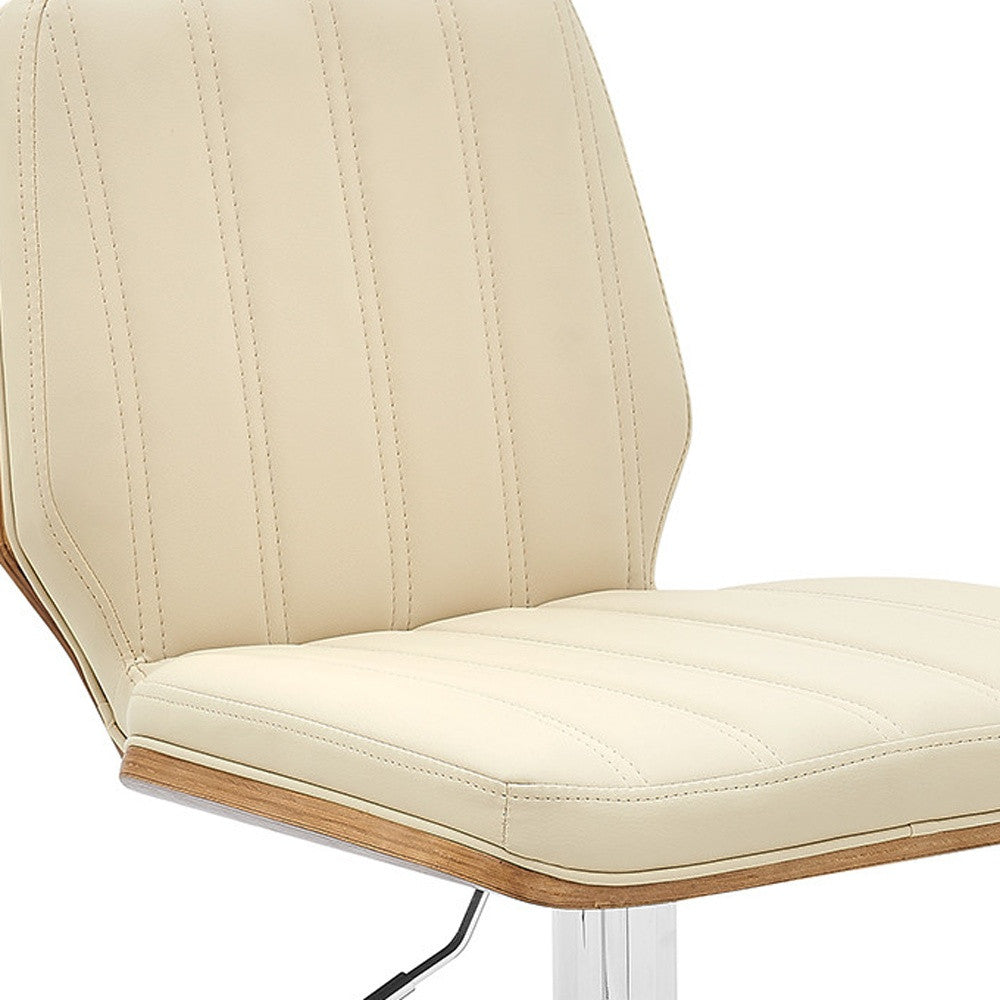 25’ Cream And Silver Faux Leather And Steel Swivel Adjustable Height Bar Chair - Bar Chairs