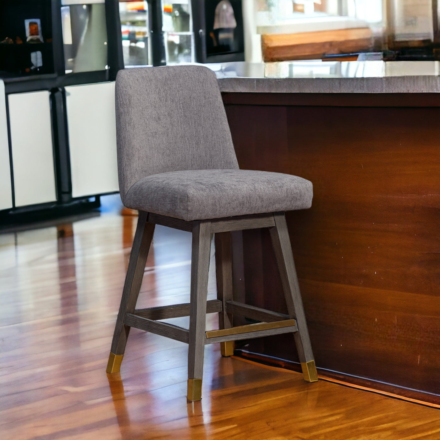 26’ Mocha And Gray Solid Wood Swivel Bar Chair - Bar Chairs