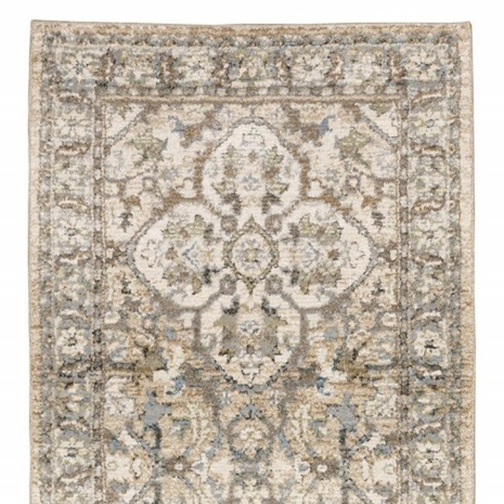 2’X8’ Beige And Ivory Medallion Runner Rug - 12’ Runner - Area Rugs