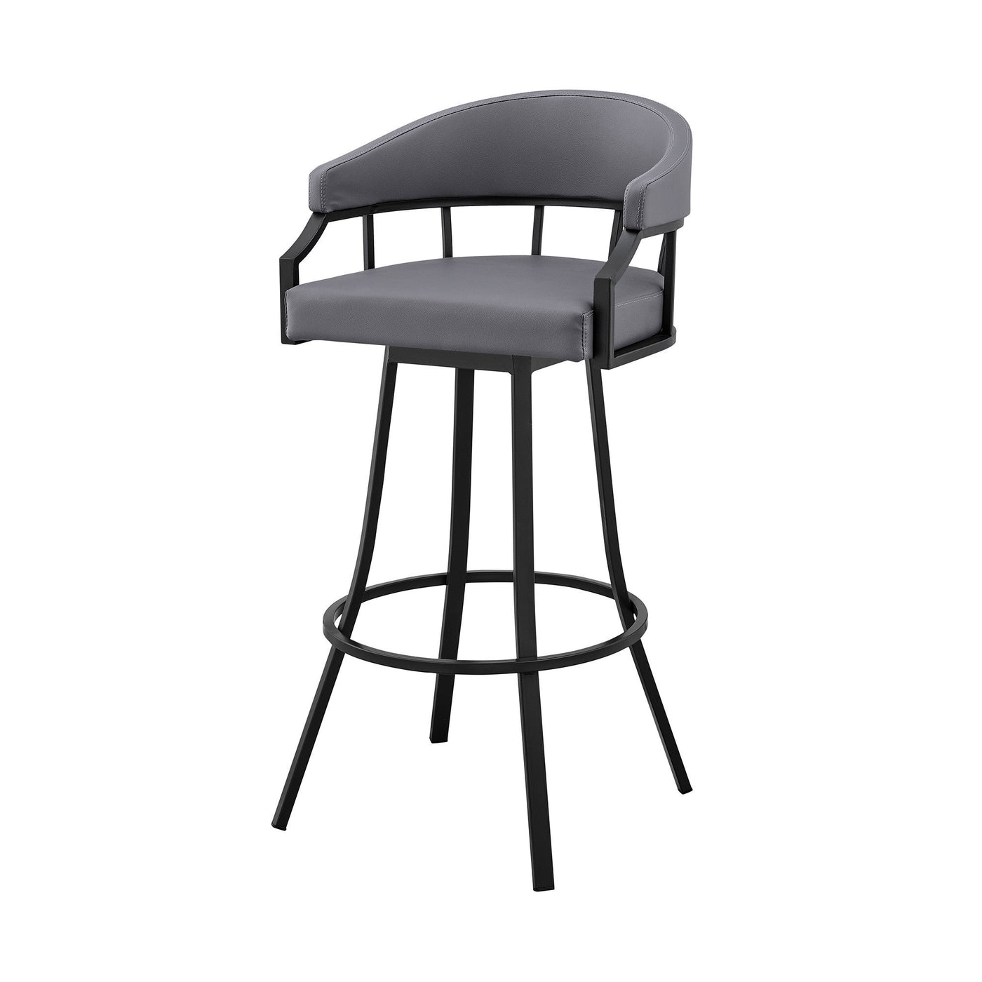 30’ Slate Gray And Black Faux Leather And Iron Swivel Low Back Bar Height Bar Chair - Bar Chairs