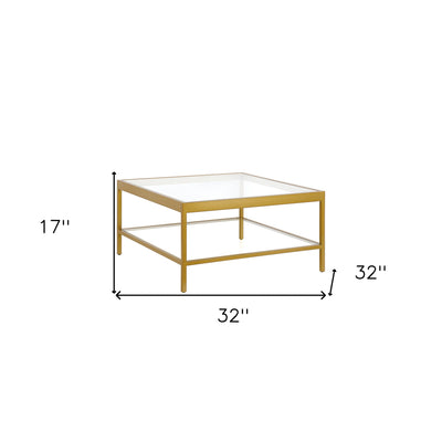 32’’ Clear And Gold Glass And Steel Square Coffee Table With Shelf - Coffee Tables