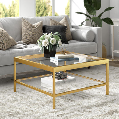 32’’ Clear And Gold Glass And Steel Square Coffee Table With Shelf - Coffee Tables