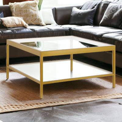 32’’ Clear And Gold Glass And Steel Square Coffee Table With Shelf - Coffee Tables