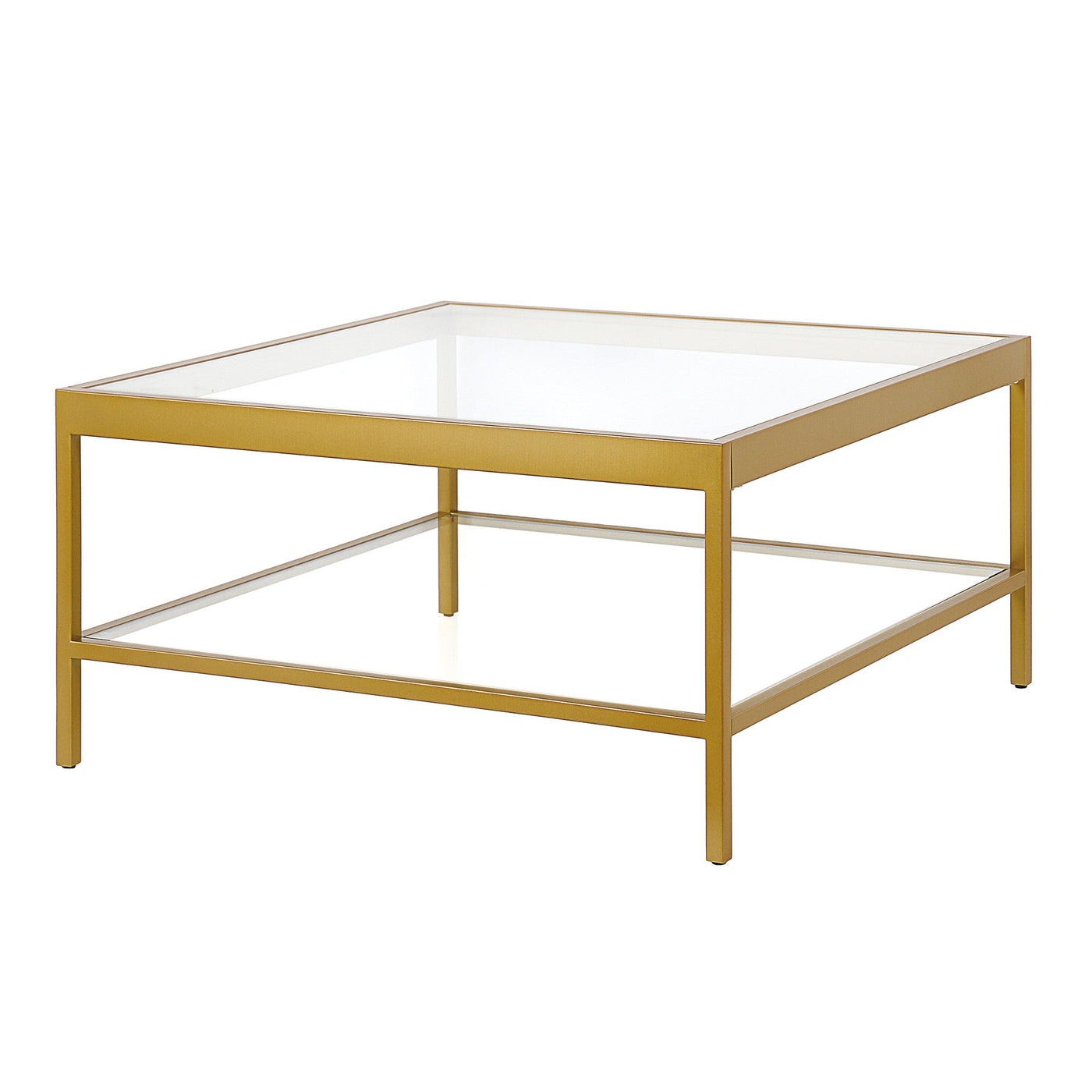32’ Clear And Gold Glass And Steel Square Coffee Table With Shelf - Coffee Tables