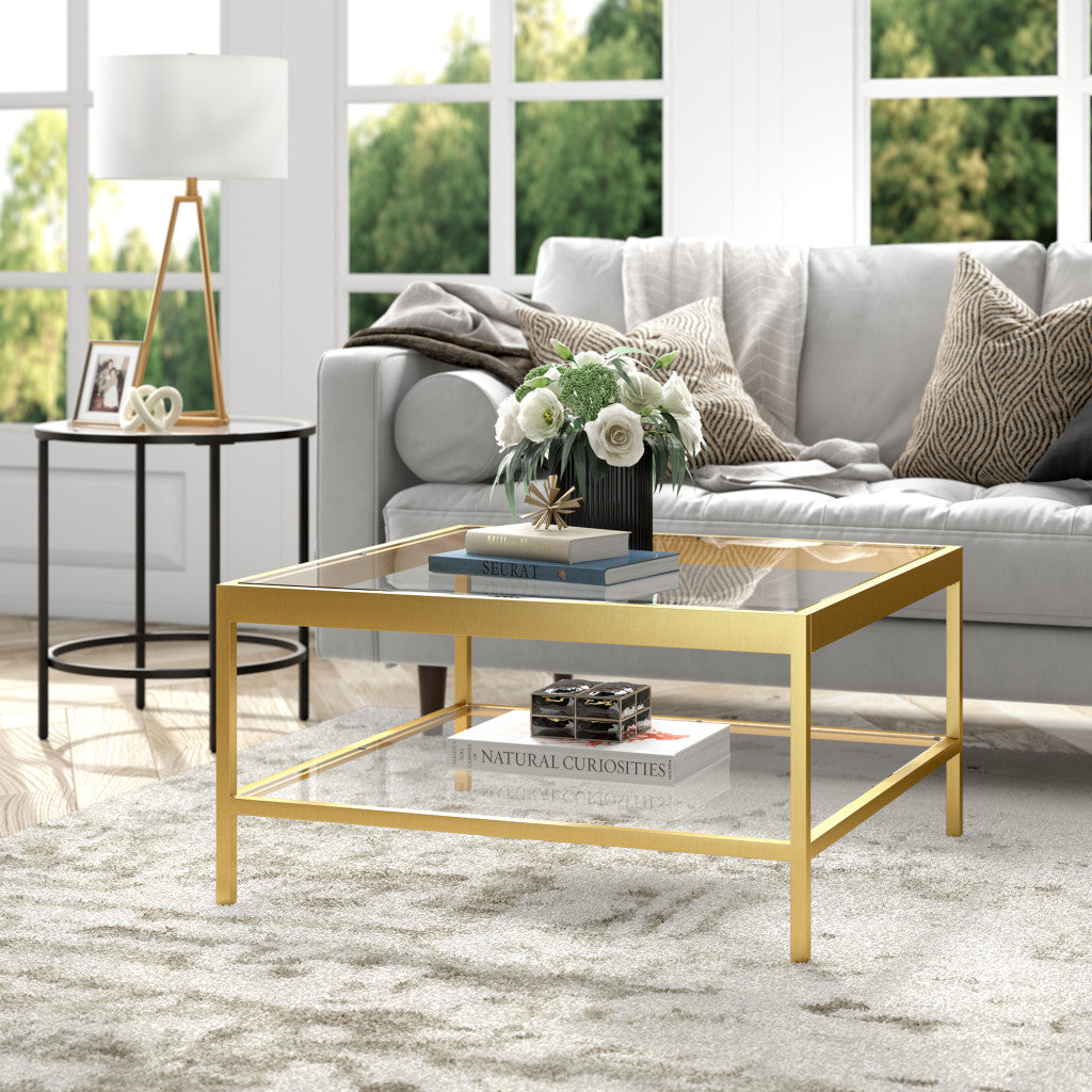 32’’ Clear And Gold Glass And Steel Square Coffee Table With Shelf - Coffee Tables