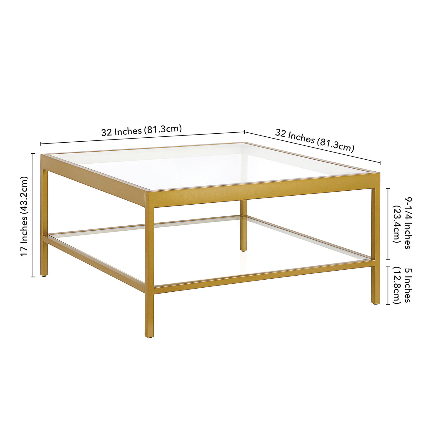 32’’ Clear And Gold Glass And Steel Square Coffee Table With Shelf - Coffee Tables