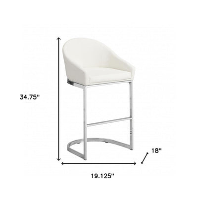 35’ White And Silver Faux Leather And Steel Low Back Bar Height Bar Chair - Bar Chairs