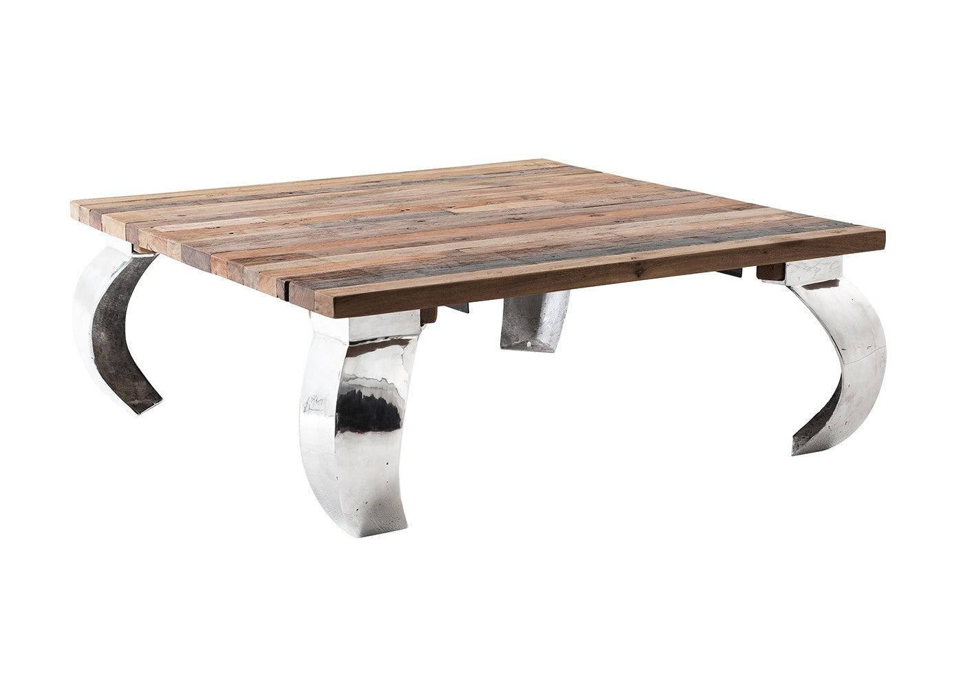 39’’ Natural And Silver Metallic Reclaimed Wood And Aluminum Square Coffee Table - Coffee Tables