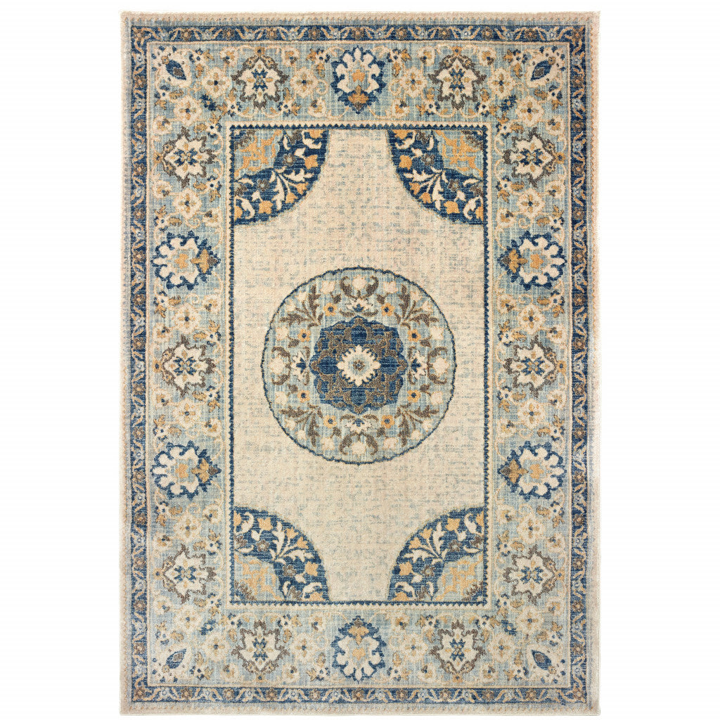 4’ X 6’ Ivory And Blue Oriental Power Loom Stain Resistant Area Rug - Area Rugs