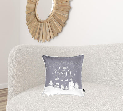 Set of Four Gray Merry Bright Christmas Throw Pillows