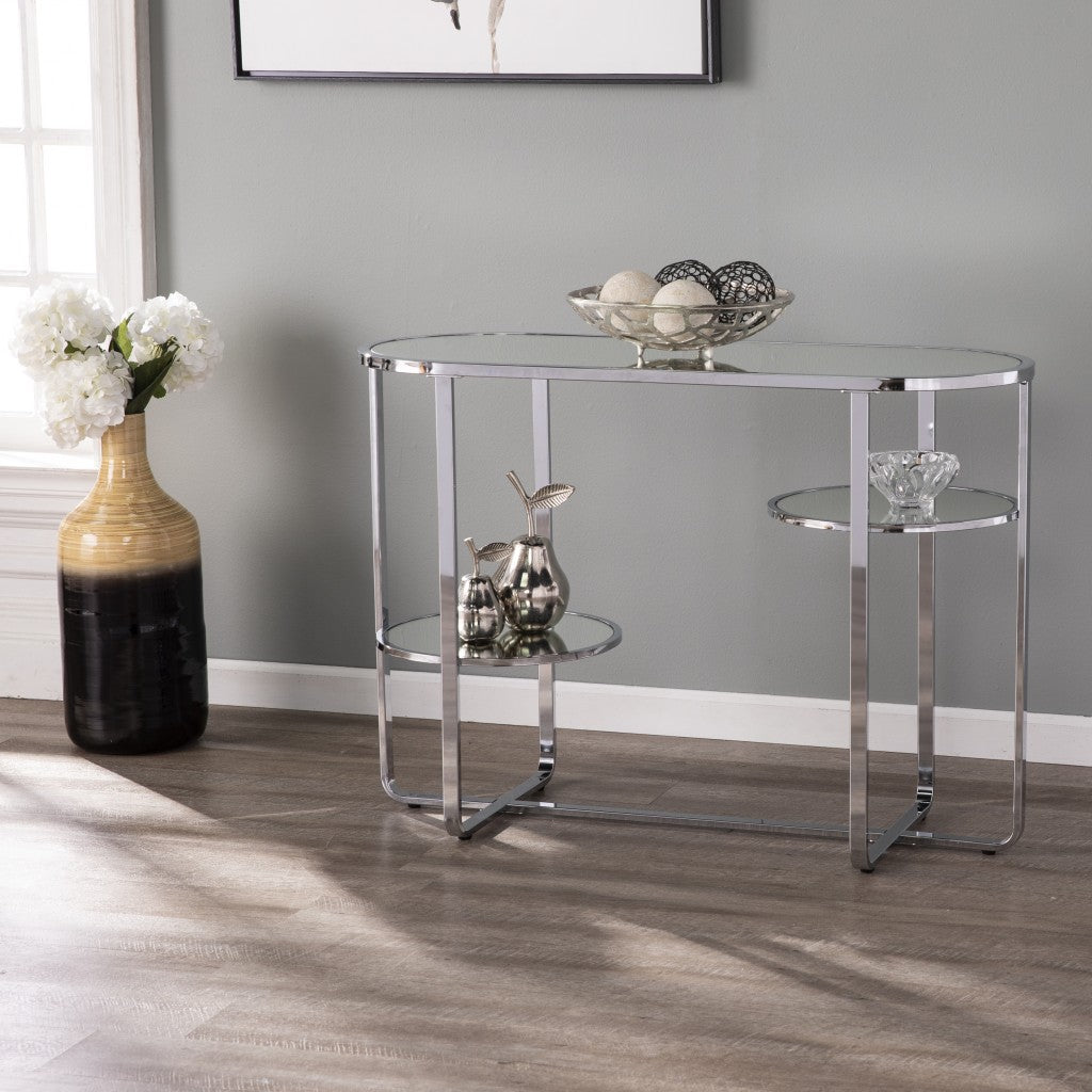 42’’ Clear and Silver Mirrored Glass Oval Frame Console Table With Storage - Console Tables