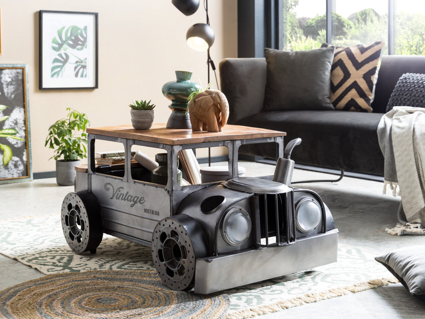 42’ Grey And Brown Vintage Style Truck Solid Wood and Metal Coffee Table - Coffee Tables