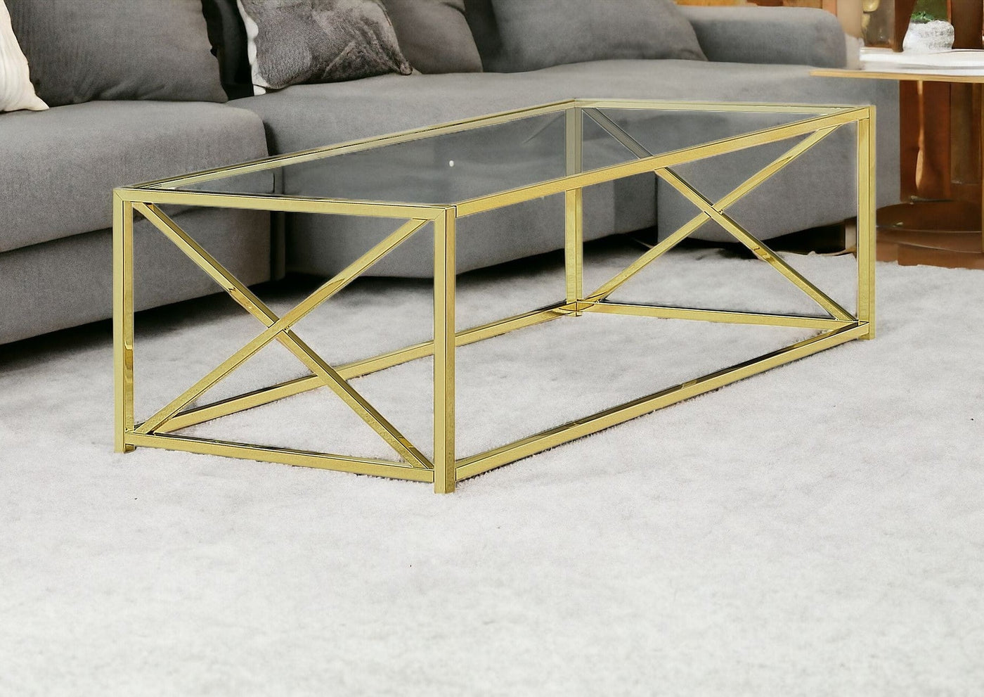 44’ Clear And Gold Glass And Iron Coffee Table - Coffee Tables