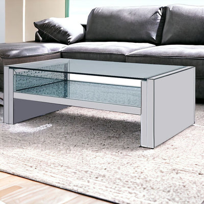 47’’ Clear And Silver Glass Mirrored Coffee Table With Shelf - Coffee Tables