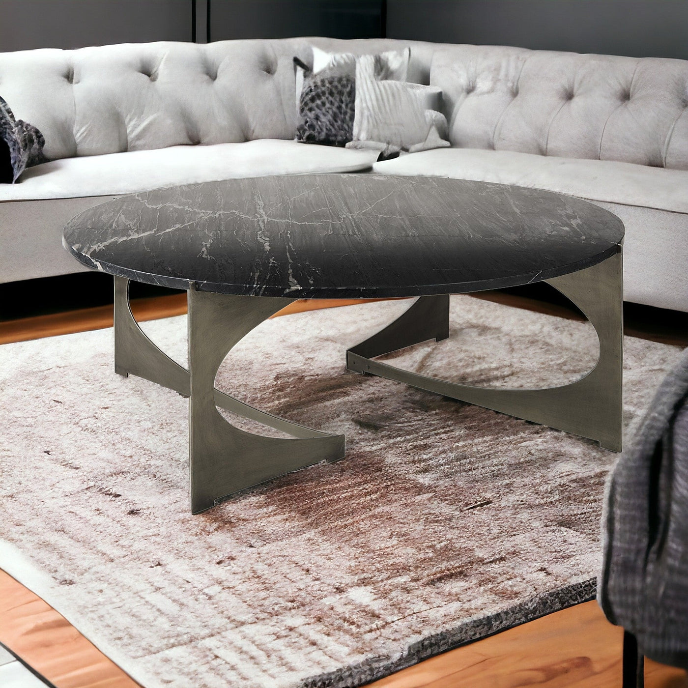 48’ Black And Gold Genuine Marble And Iron Round Coffee Table - Coffee Tables