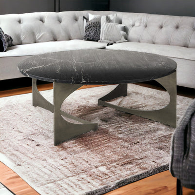 48’ Black And Gold Genuine Marble And Iron Round Coffee Table - Coffee Tables