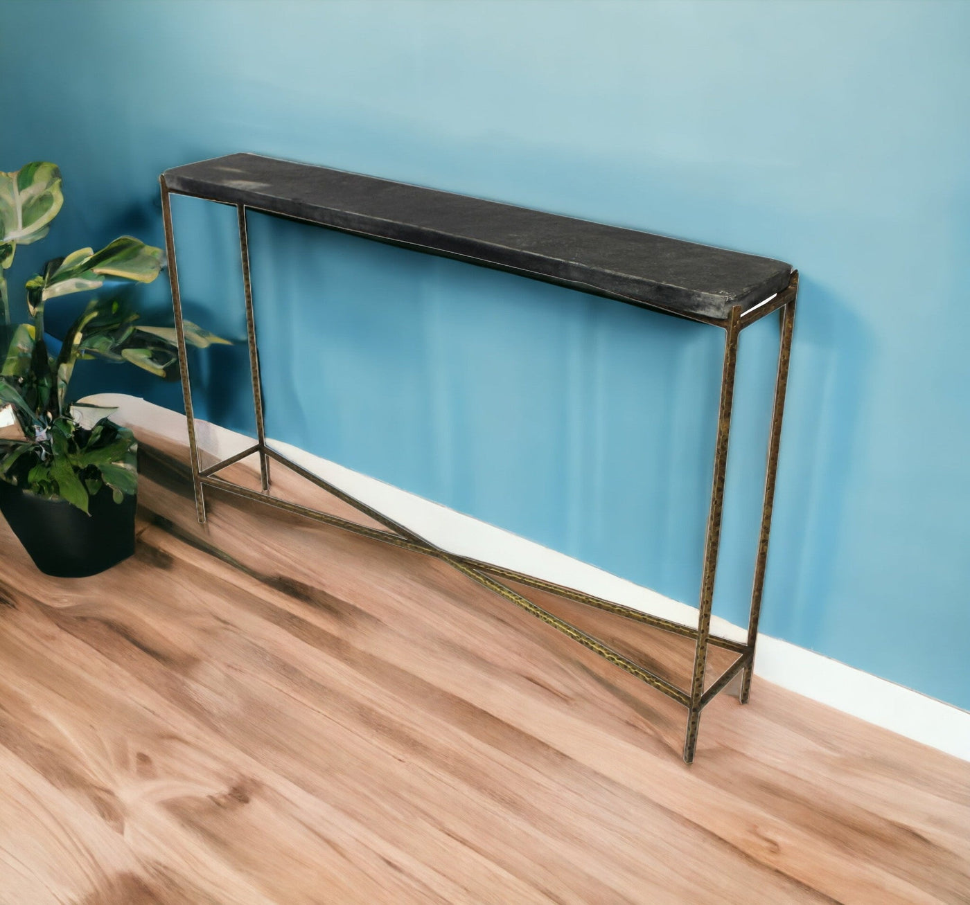 48’ Black and Gold Stone Frame Console Table - Console Tables