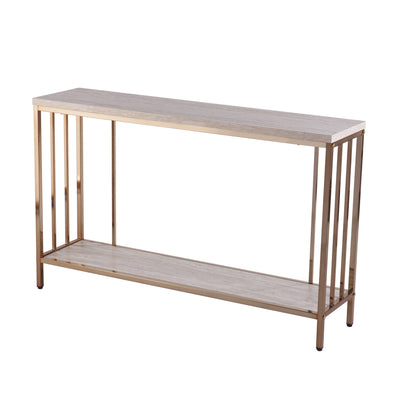 48’ Champagne and Gold Faux Stone Floor Shelf Console Table With Storage - Console Tables