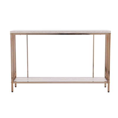 48’ Champagne and Gold Faux Stone Floor Shelf Console Table With Storage - Console Tables