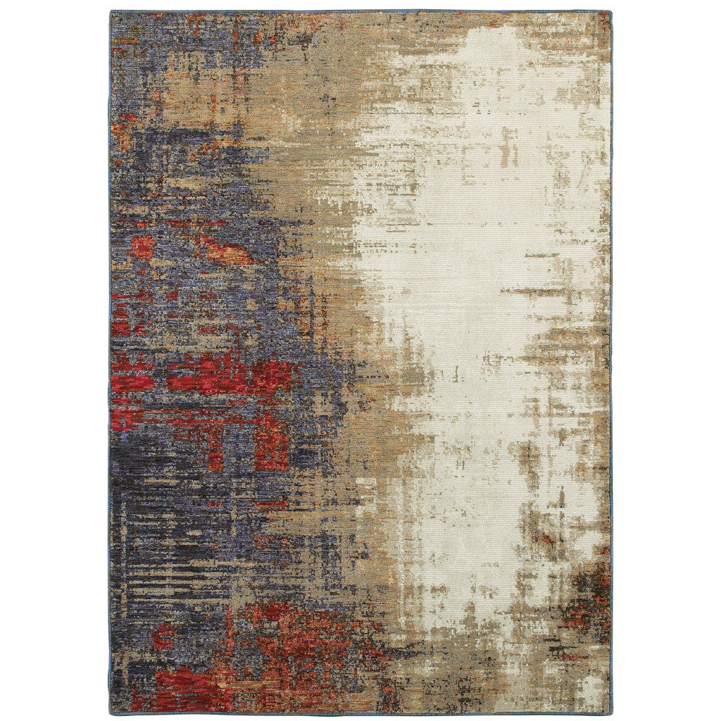 5’ X 7’ Beige Tan Brown Blue Purple Red Orange Gold And Green Abstract Power Loom Stain Resistant Area Rug - Area Rugs