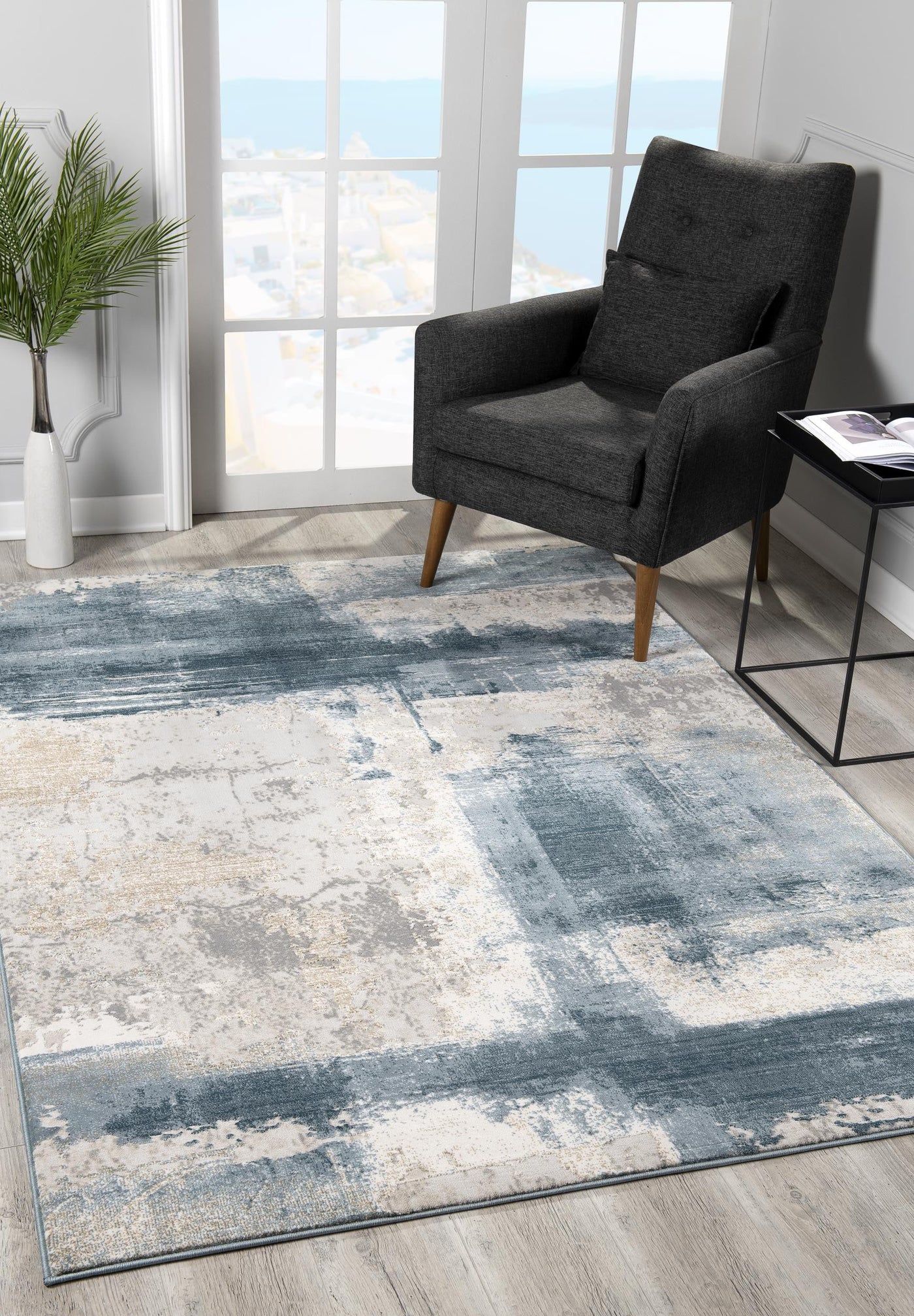 5’ X 7’ Blue And Ivory Abstract Dhurrie Area Rug - Area Rugs