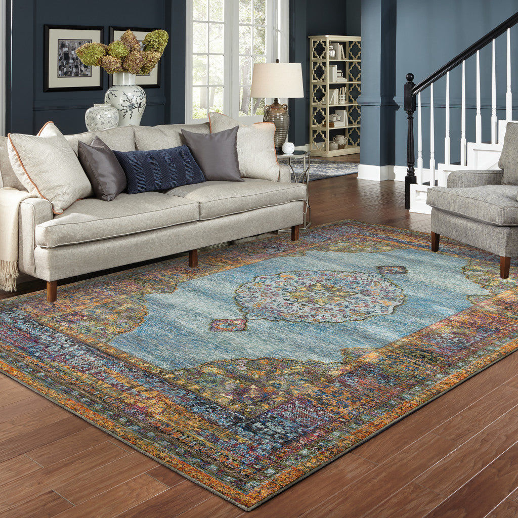5’ X 7’ Blue Gold Green Red Orange And Purple Oriental Power Loom Stain Resistant Area Rug - Area Rugs