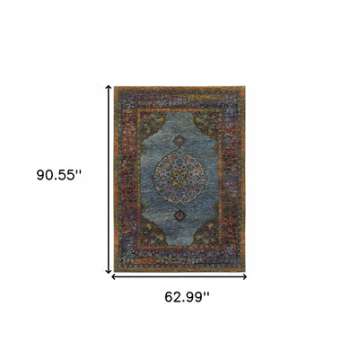 5’ X 7’ Blue Gold Green Red Orange And Purple Oriental Power Loom Stain Resistant Area Rug - Area Rugs