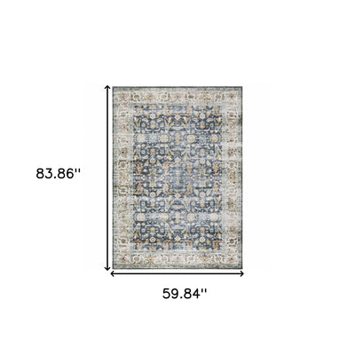 5’ X 7’ Blue Gold Rust Ivory And Olive Oriental Printed Stain Resistant Non Skid Area Rug - Area Rugs