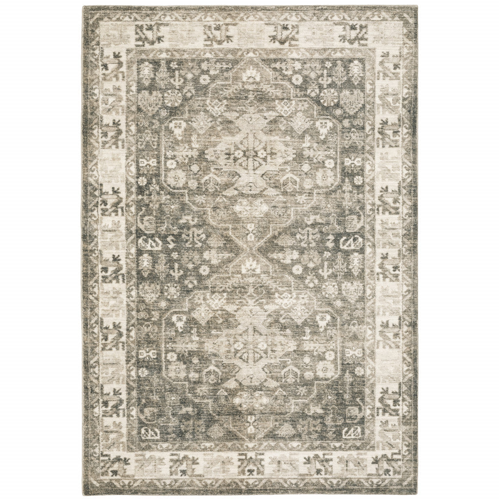 5’ X 7’ Grey Ivory Tan And Beige Oriental Power Loom Stain Resistant Area Rug - Area Rugs