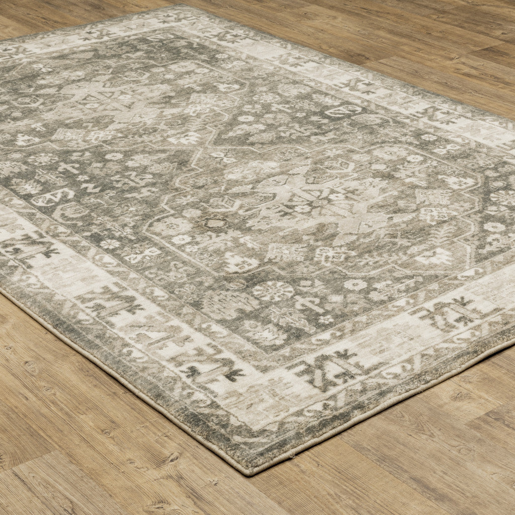 5’ X 7’ Grey Ivory Tan And Beige Oriental Power Loom Stain Resistant Area Rug - Area Rugs