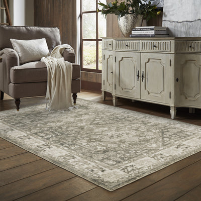 5’ X 7’ Grey Ivory Tan And Beige Oriental Power Loom Stain Resistant Area Rug - Area Rugs
