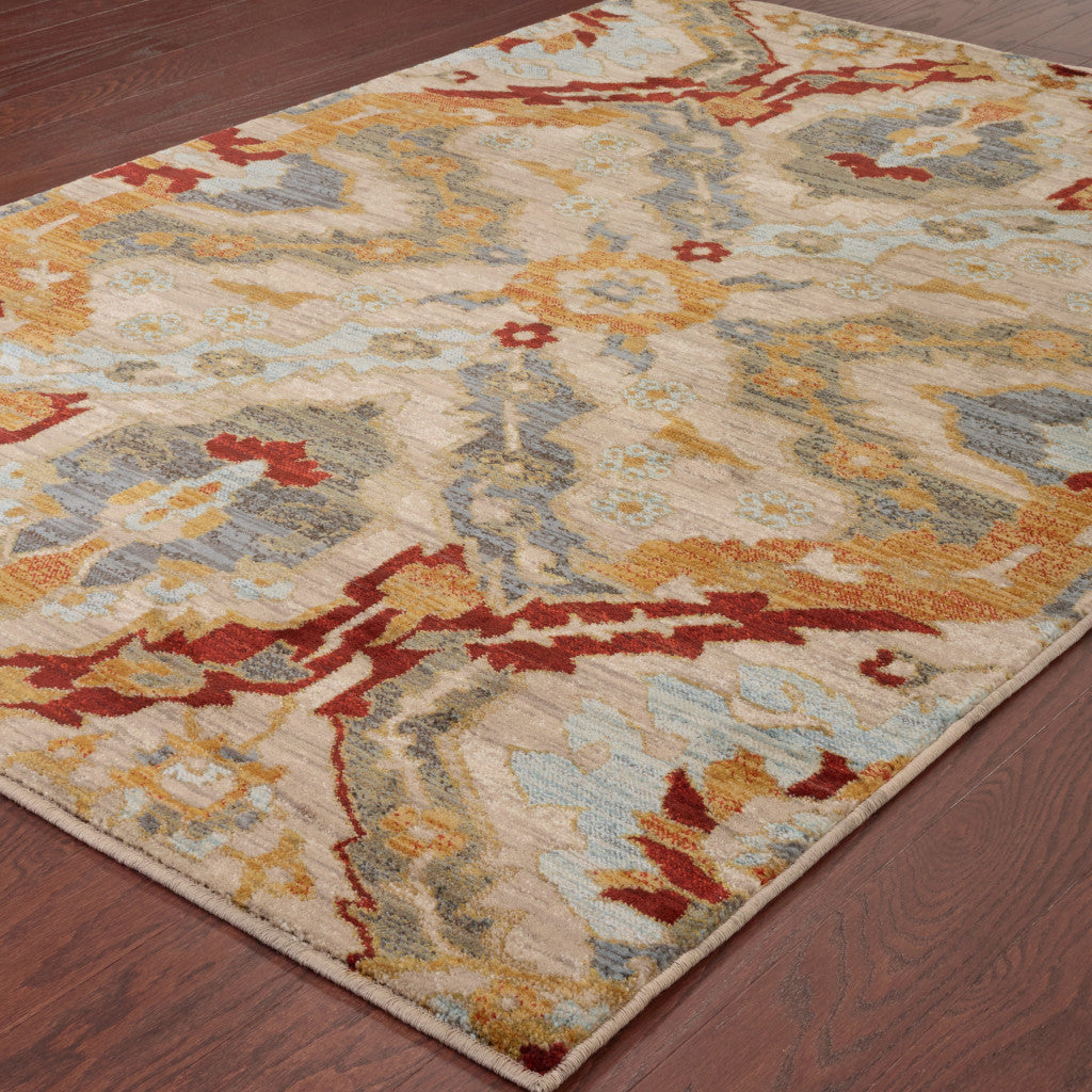 5’ X 8’ Beige Orange Blue Gold And Grey Abstract Power Loom Stain Resistant Area Rug - Area Rugs