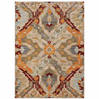 5’ X 8’ Beige Orange Blue Gold And Grey Abstract Power Loom Stain Resistant Area Rug - Area Rugs