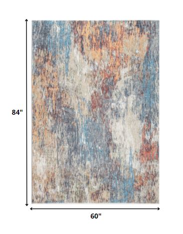 5’ X 8’ Blue And Beige Abstract Dhurrie Area Rug - Area Rugs