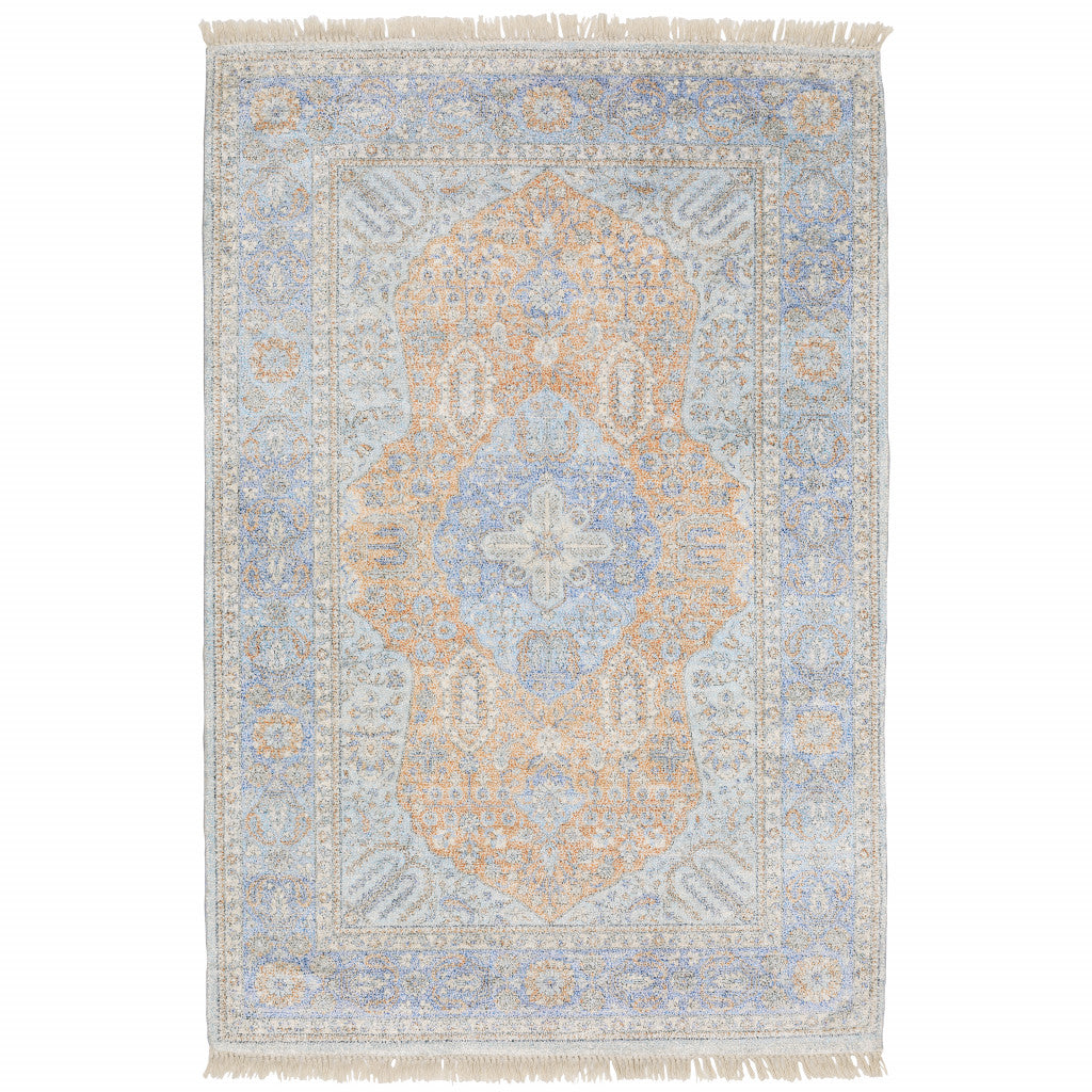 5’ X 8’ Blue And Red Oriental Hand Loomed Stain Resistant Area Rug With Fringe - Area Rugs