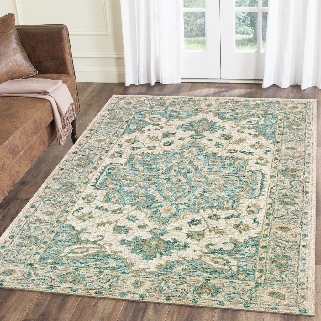 5’ X 8’ Turquoise and Cream Medallion Area Rug - Area Rugs