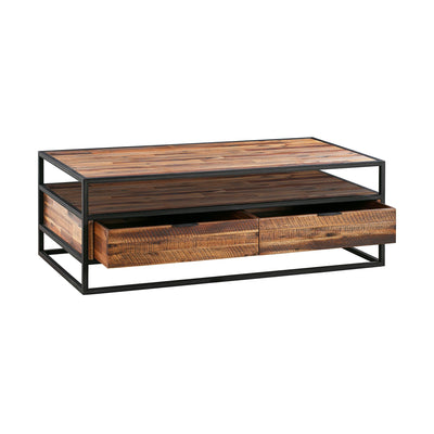 50’ Brown And Black Solid Wood And Metal Coffee Table With Two Drawers And Shelf - Coffee Tables