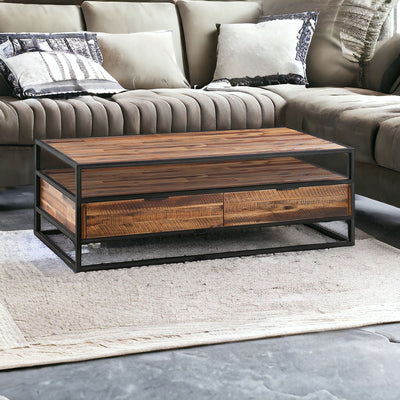 50’ Brown And Black Solid Wood And Metal Coffee Table With Two Drawers And Shelf - Coffee Tables