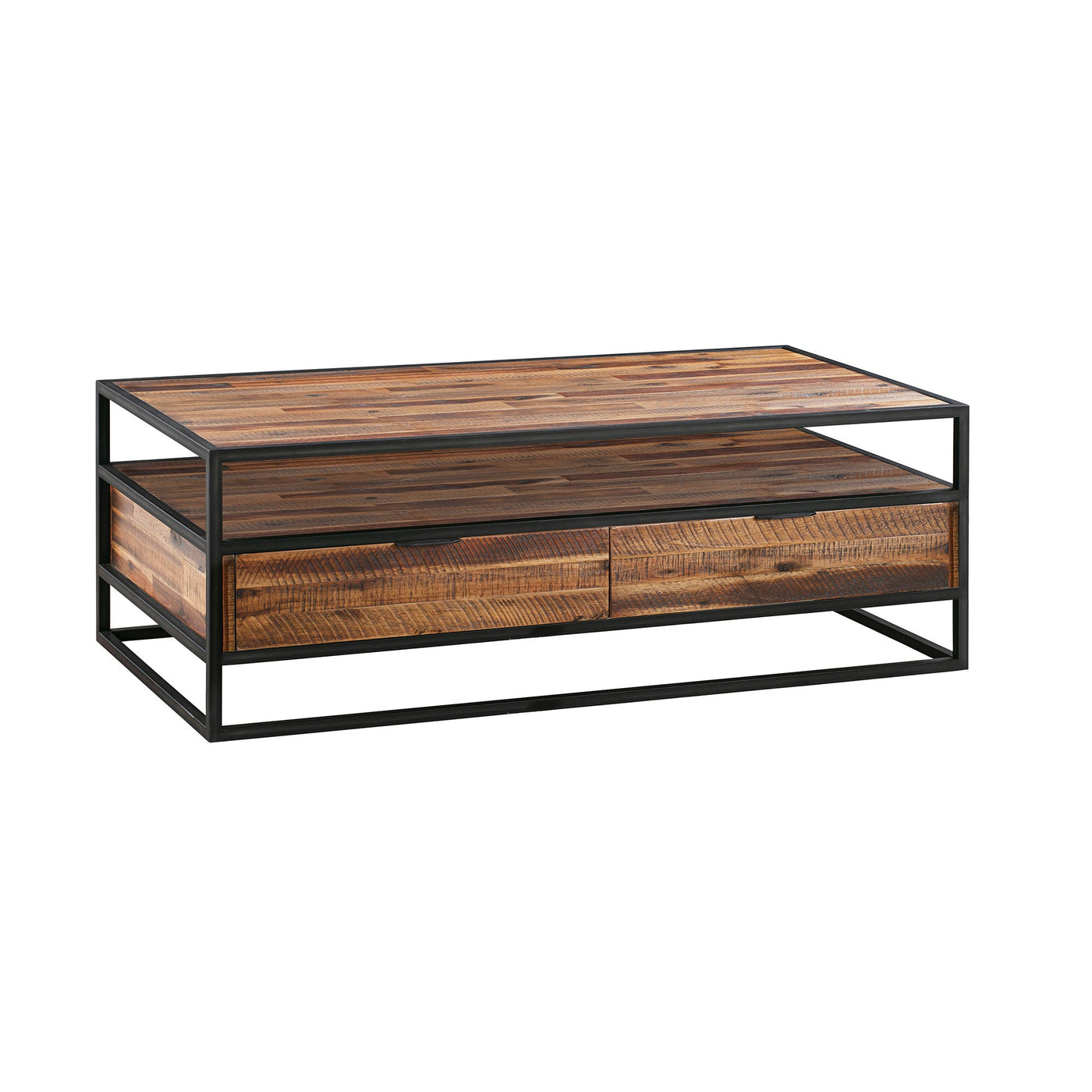 50’ Brown And Black Solid Wood And Metal Coffee Table With Two Drawers And Shelf - Coffee Tables
