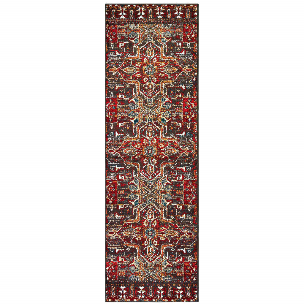 2’ X 8’ Red Orange Blue And Grey Southwestern Power Loom Stain Resistant Runner Rug - Area Rugs