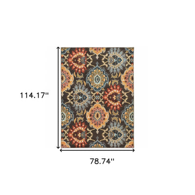 6’ X 9’ Brown Grey Rust Red Gold Teal And Blue Green Floral Power Loom Stain Resistant Area Rug - Area Rugs