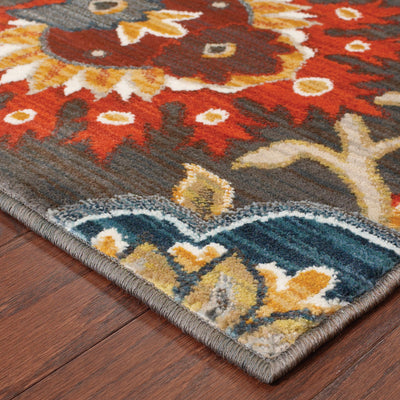 6’ X 9’ Brown Grey Rust Red Gold Teal And Blue Green Floral Power Loom Stain Resistant Area Rug - Area Rugs