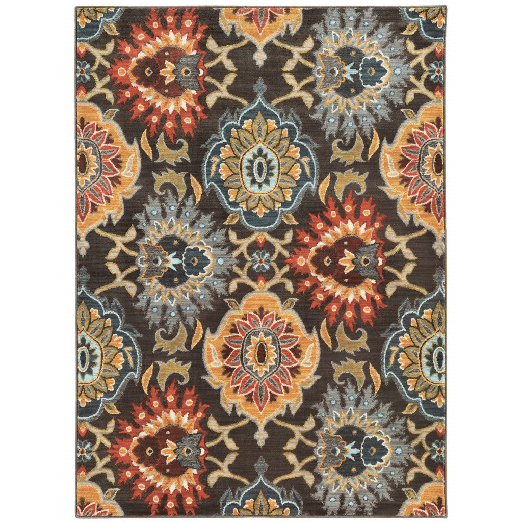 6’ X 9’ Brown Grey Rust Red Gold Teal And Blue Green Floral Power Loom Stain Resistant Area Rug - Area Rugs