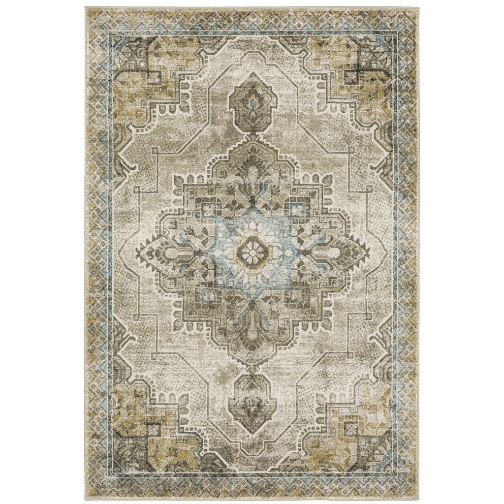 6’ X 9’ Grey Blue Beige And Gold Oriental Power Loom Stain Resistant Area Rug - Area Rugs