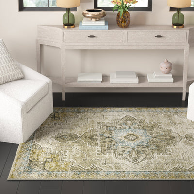 6’ X 9’ Grey Blue Beige And Gold Oriental Power Loom Stain Resistant Area Rug - Area Rugs